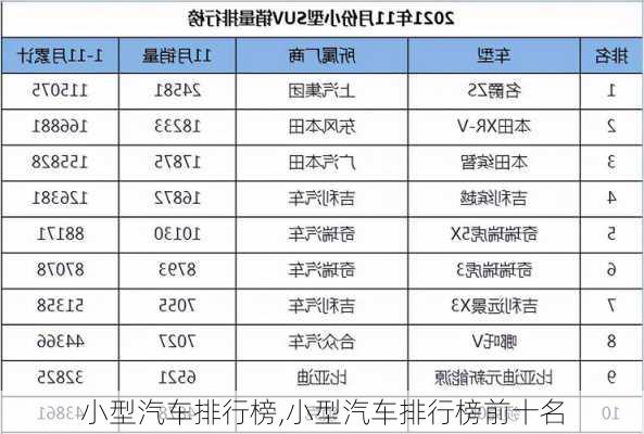 小型汽车排行榜,小型汽车排行榜前十名