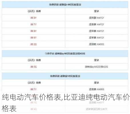 纯电动汽车价格表,比亚迪纯电动汽车价格表