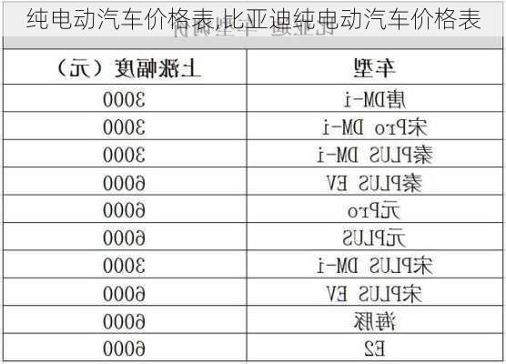 纯电动汽车价格表,比亚迪纯电动汽车价格表