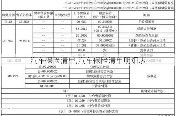 汽车保险清单,汽车保险清单明细表